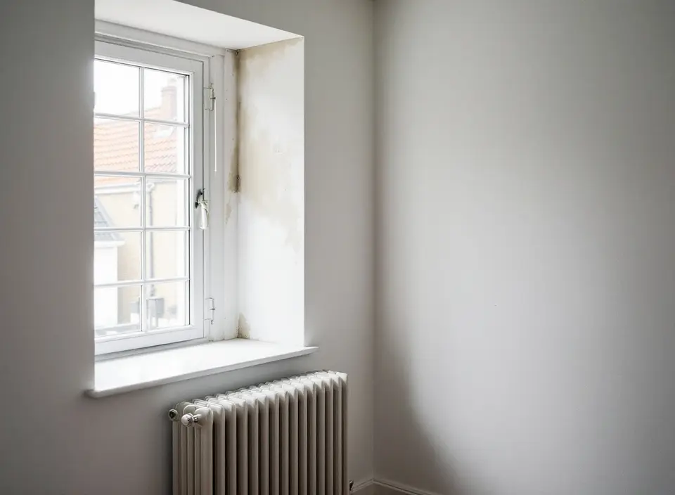 Pas gerenoveerde kamer met een diepe dagkant naast het raam, met donkere schimmelstippen in de koude hoek