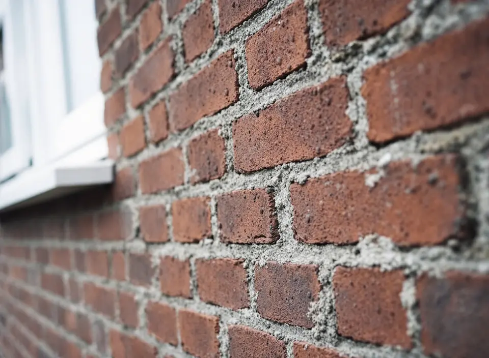 Bakstenen gevel van dichtbij naast een wit kozijn, met de voegen in strijklicht