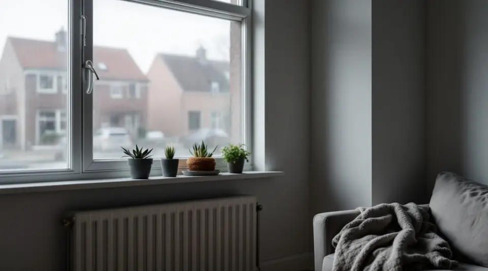Woonkamer in een rijwoning op een grijze ochtend, met planten op de vensterbank, een radiator onder het raam en een plaid op de bank