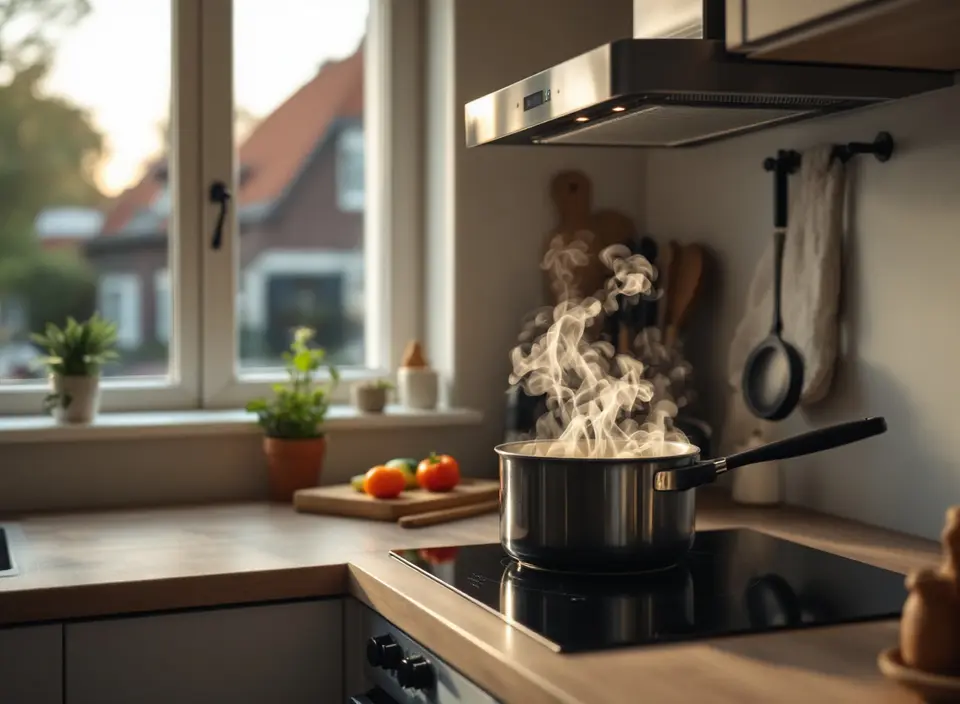 Kleine keuken met een pan kokend water op de kookplaat en damp die naar de afzuigkap stijgt