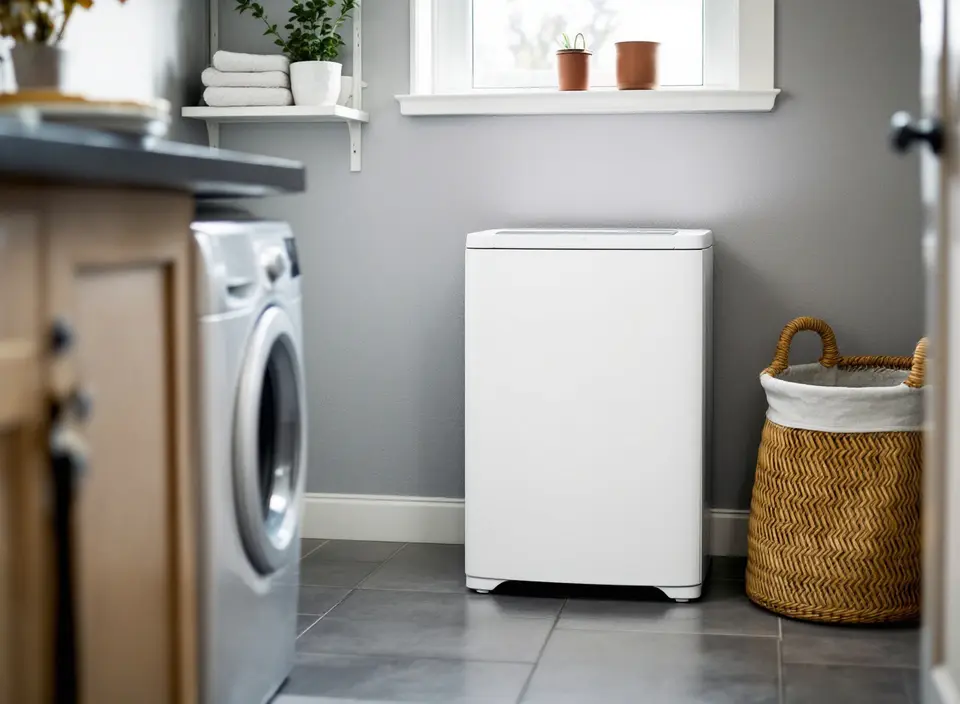 Kleine bijkeuken met een eenvoudige witte luchtontvochtiger op de tegelvloer, naast een wasmachine en een rieten wasmand
