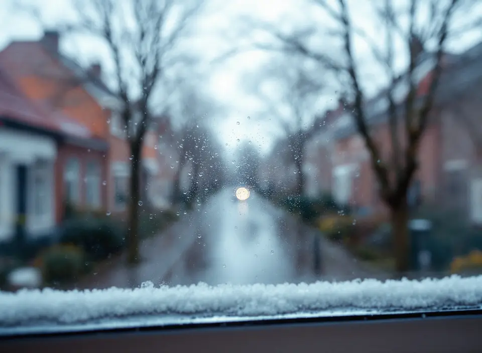 Druppels en condens op het glas van een raam, met een natte straat met bakstenen huizen erachter