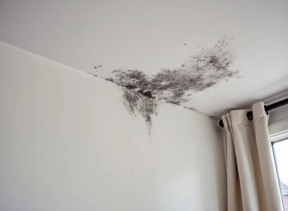 Bovenhoek van een slaapkamer waar de buitenmuur het plafond raakt, met grijszwarte schimmelvlekken