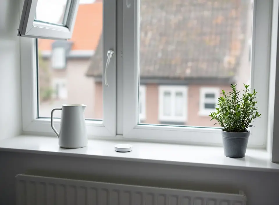 Witte vensterbank in een lichte slaapkamer met twee planten, een karaf en een kleine ronde sensor, het raam op een kier