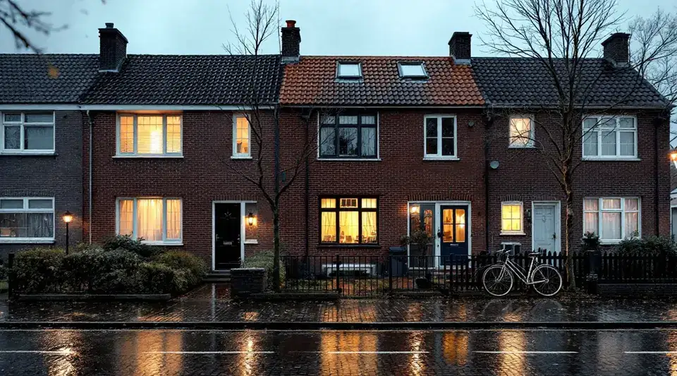 Straat met bakstenen rijwoningen op een regenachtige herfstavond, natte klinkers en verlichte ramen