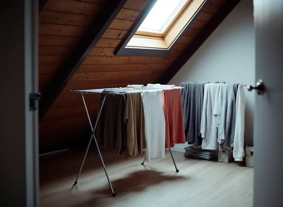 Zolderkamer onder een schuin houten dak met een dakraam en een wasrek vol drogende was